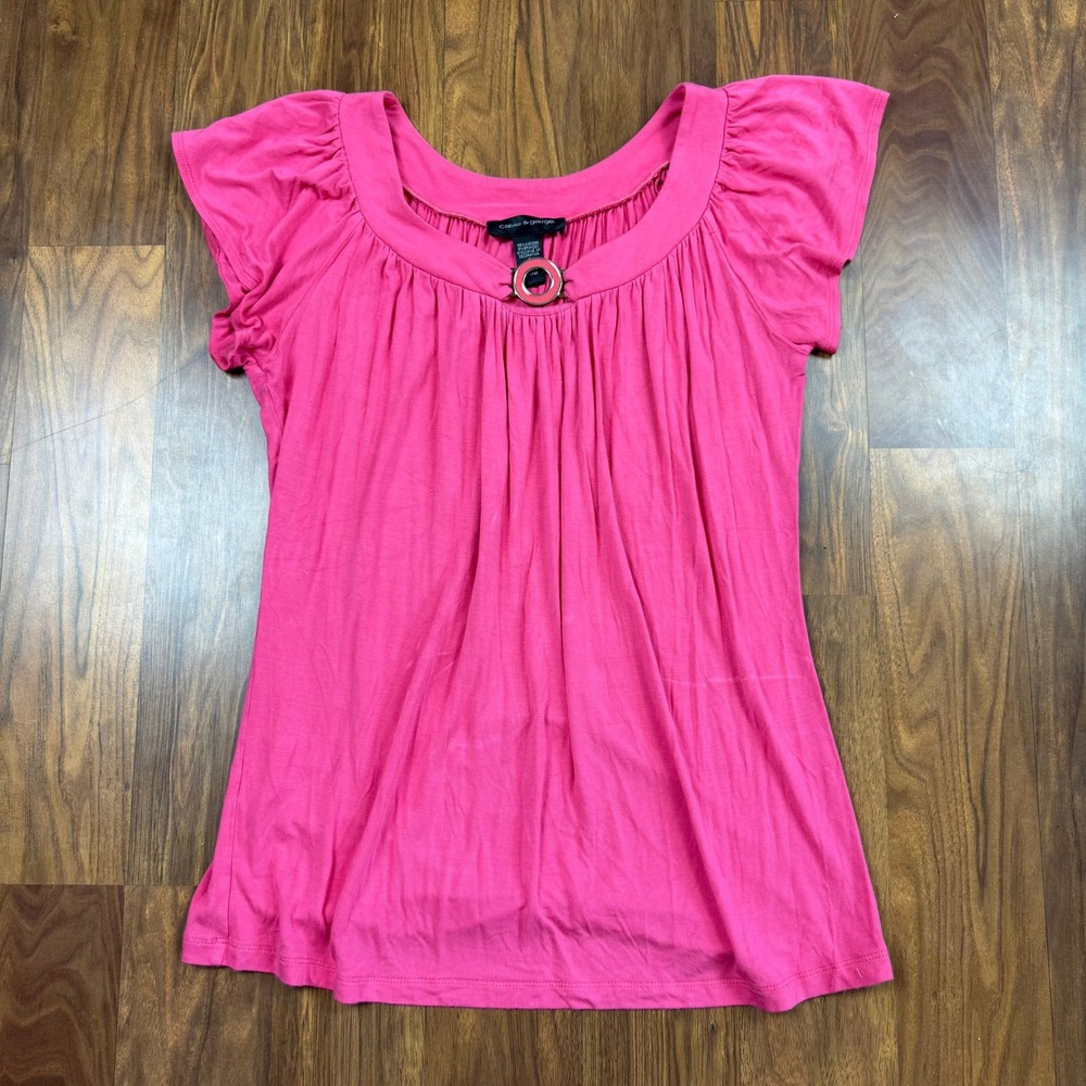 Y2K 90's Cable & Gauge Pink Scoop Neck Cap Sleeve Pleated Top Small